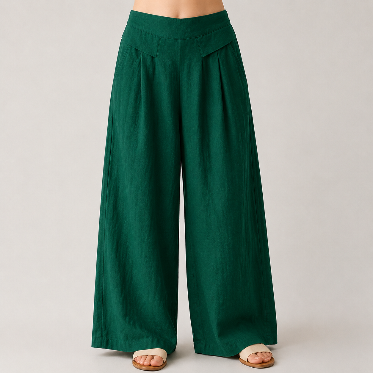 AuraLinen Plain Color Cotton Linen High Waist Wide Leg Pants With Pockets