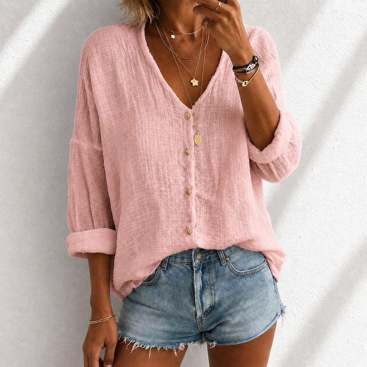 Women's Cotton Linen Loose Solid Color Long-sleeved Shirt