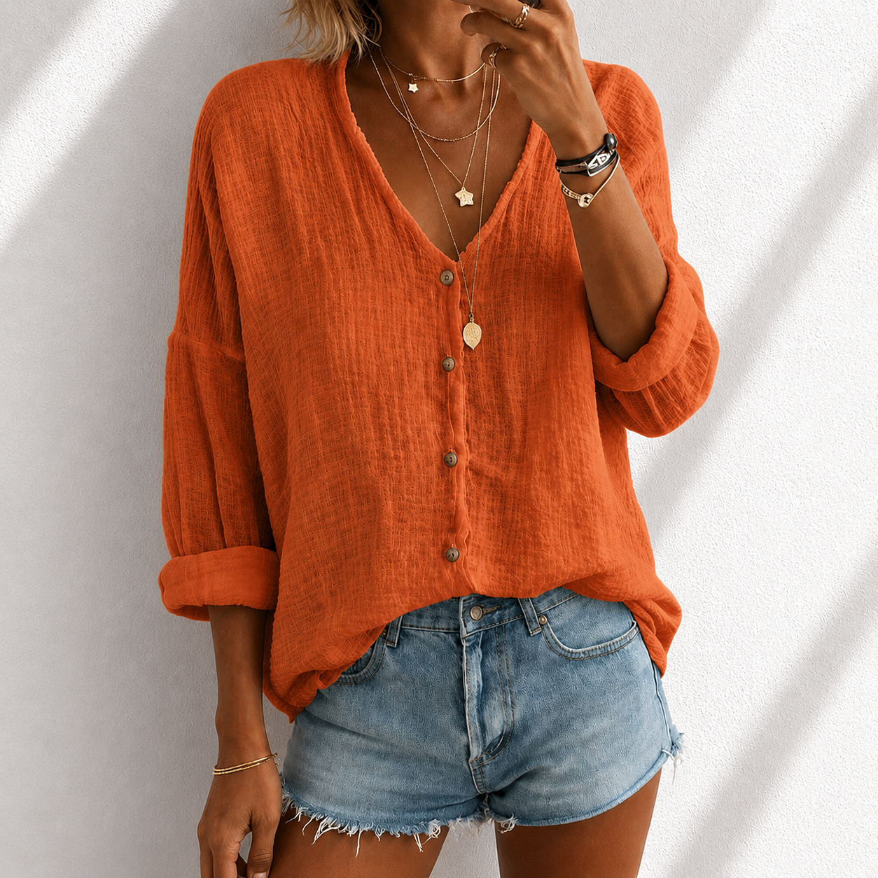 Women's Cotton Linen Loose Solid Color Long-sleeved Shirt