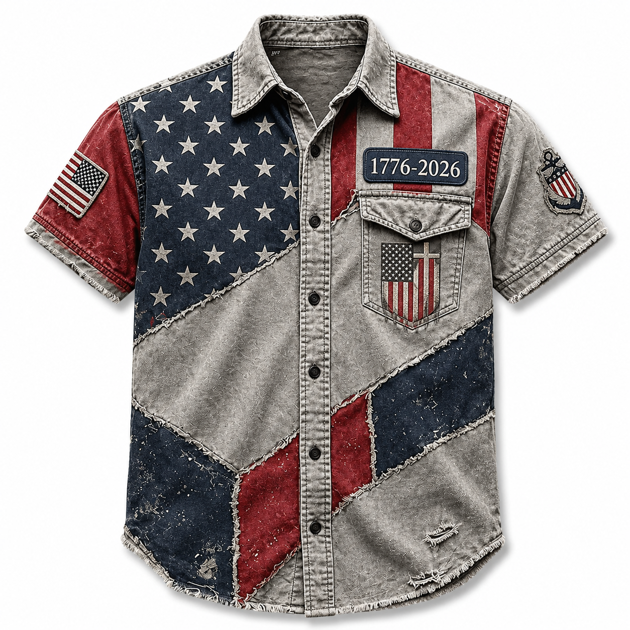 Men's USA 1776-2026 250th Anniversary Vintage Flag Patchwork Short-Sleeve Button-Down Shirt - Distressed Denim Style