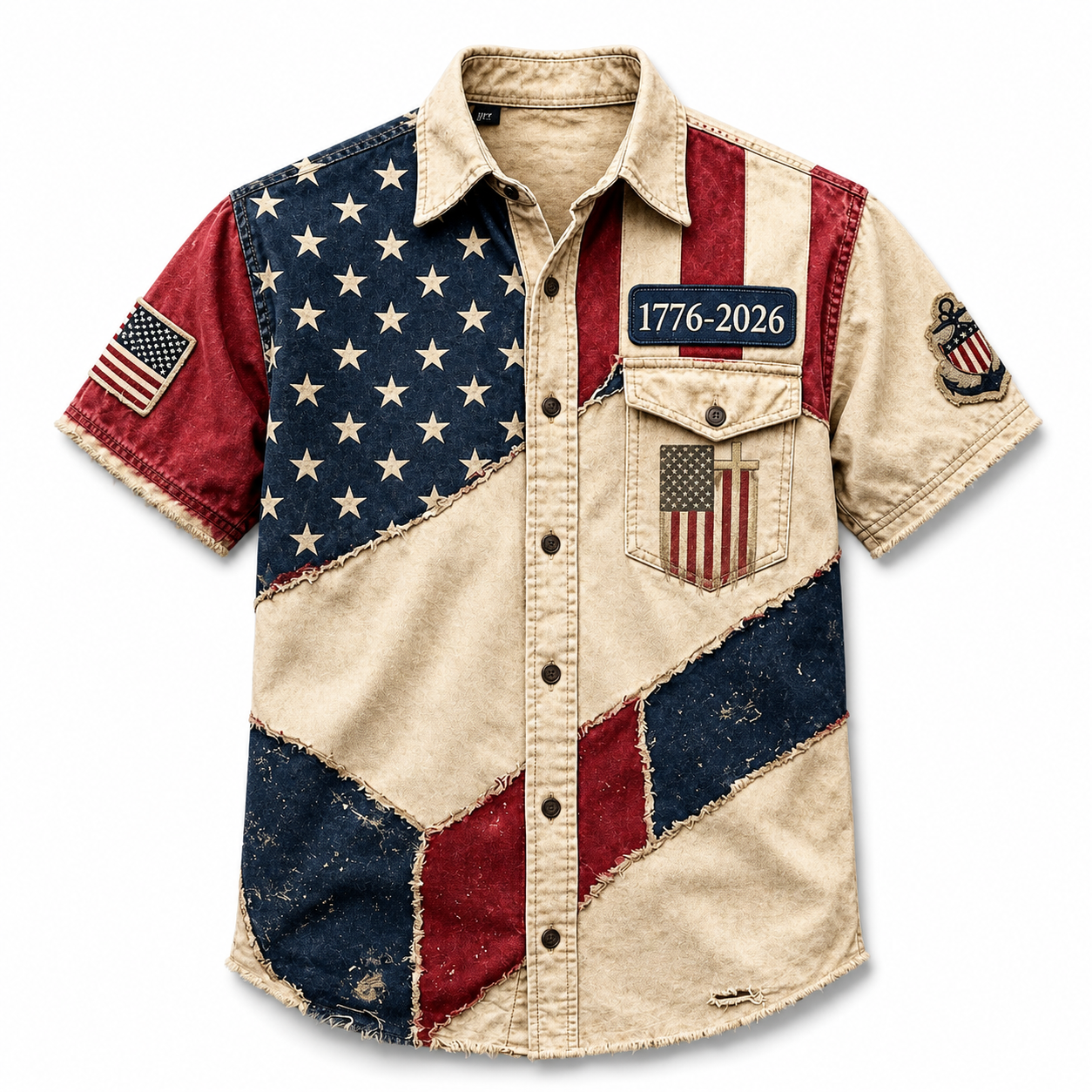 Men's USA 1776-2026 250th Anniversary Vintage Flag Patchwork Short-Sleeve Button-Down Shirt - Distressed Denim Style