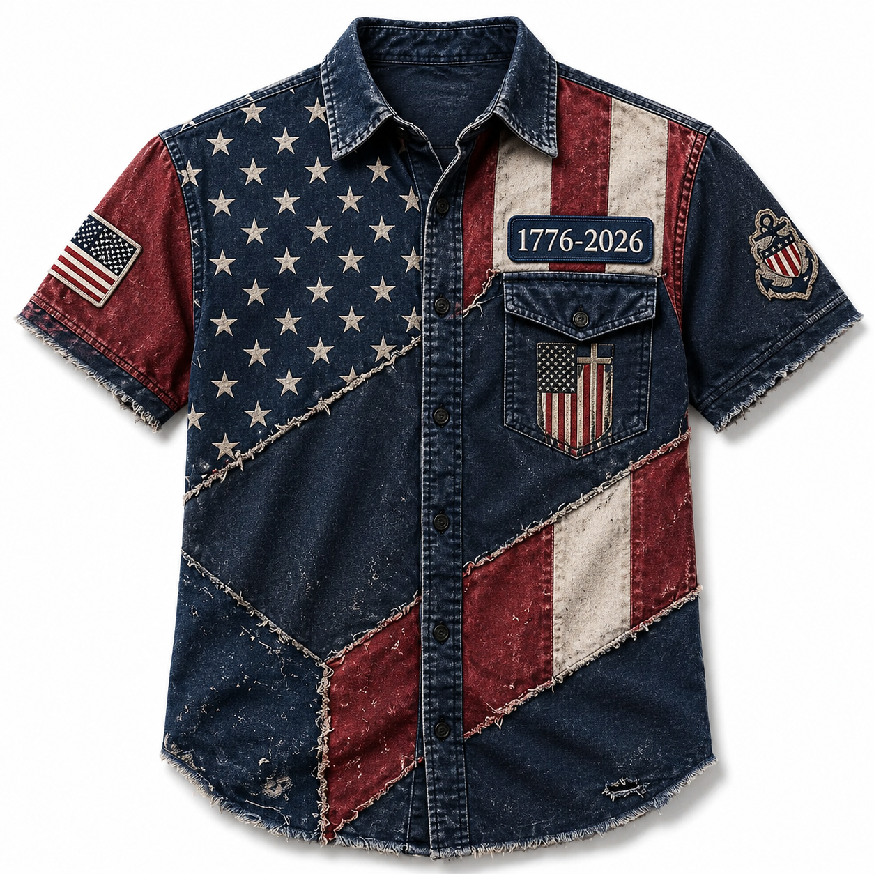 Men's USA 1776-2026 250th Anniversary Vintage Flag Patchwork Short-Sleeve Button-Down Shirt - Distressed Denim Style