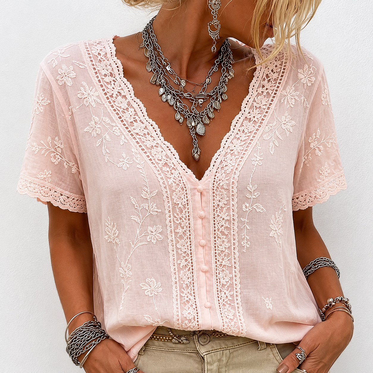 Women's White Floral Lace Art Cotton Linen V-Neck Short Sleeved Top