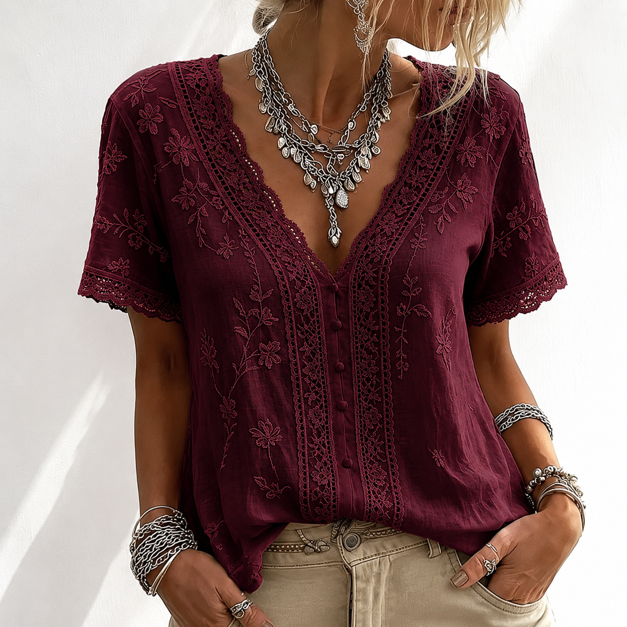 Women's White Floral Lace Art Cotton Linen V-Neck Short Sleeved Top