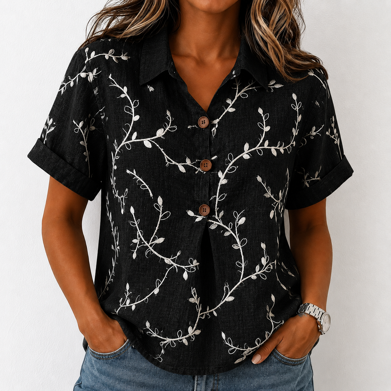 Women's Casual Short-Sleeve Positioning Print Cotton-Linen Top