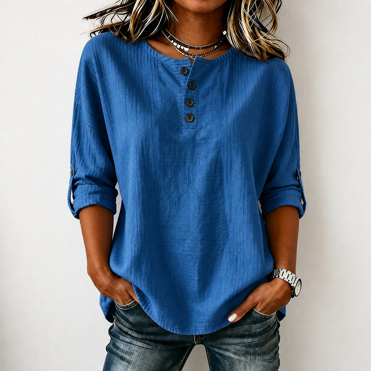 Women'S Casual Cotton And Linen 9-Quarter Sleeved Button Up Top