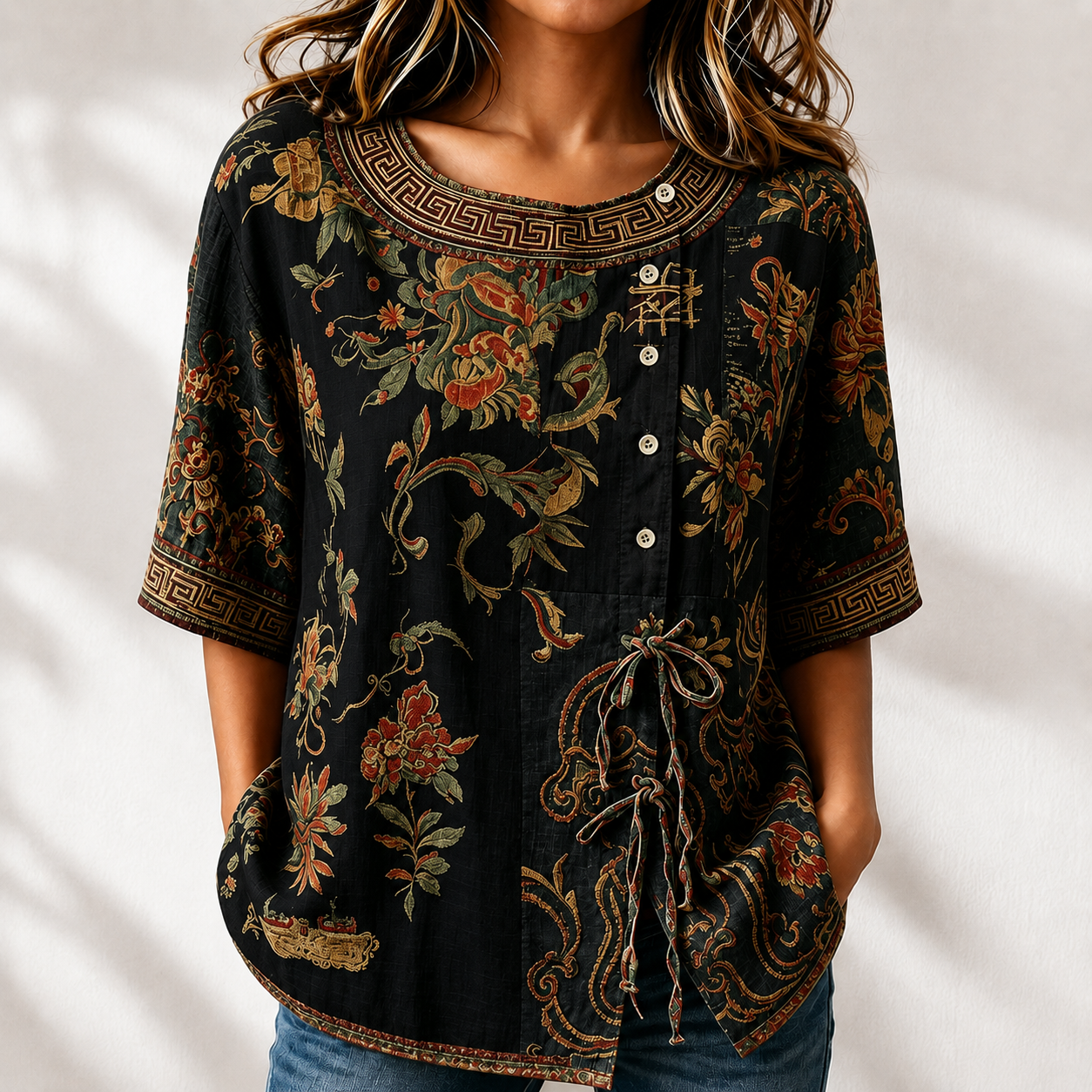 Women'S Vintage Floral Patchwork Relaxed Blouse