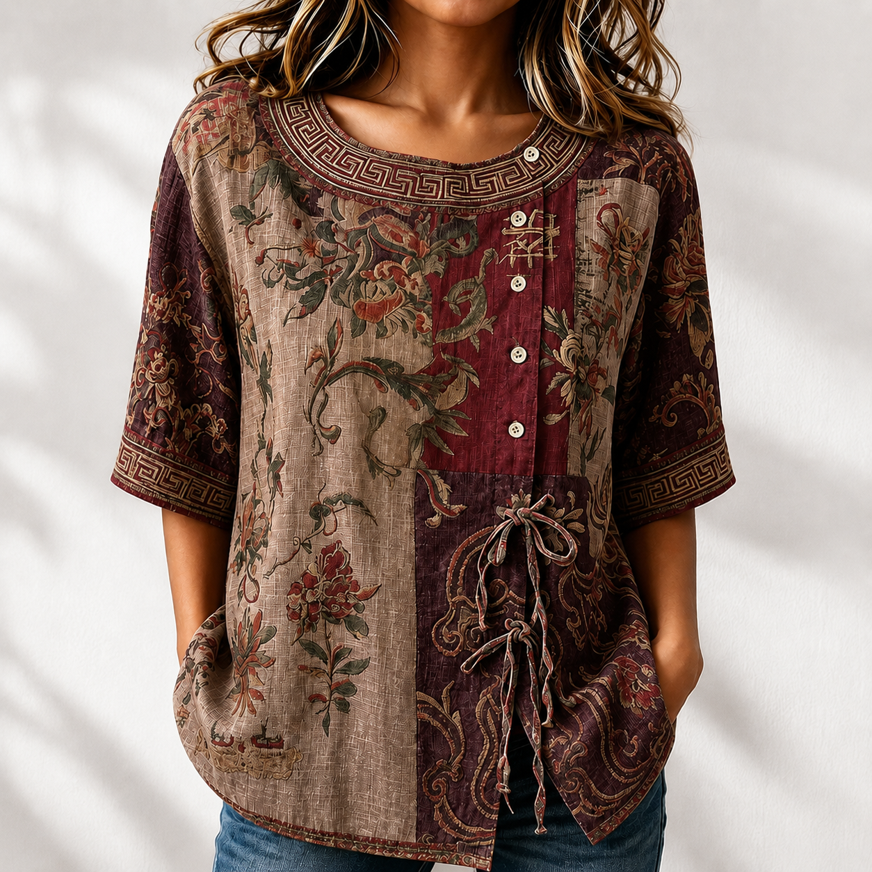 Women'S Vintage Floral Patchwork Relaxed Blouse