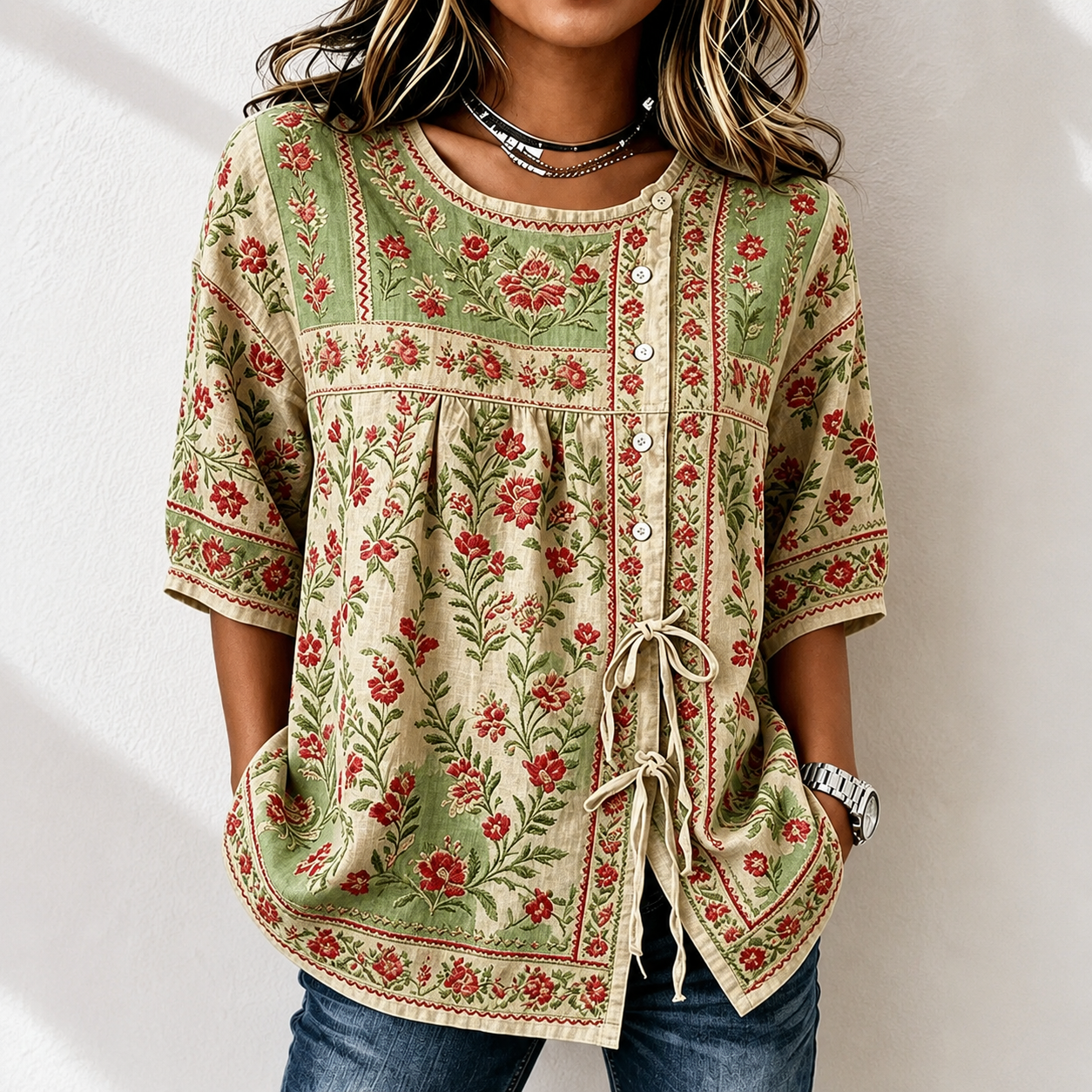 Women's Boho Floral Tie-Front Blouse