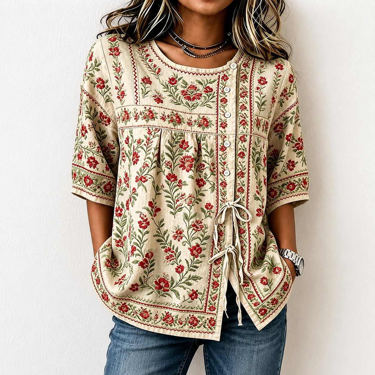 Women's Boho Floral Tie-Front Blouse
