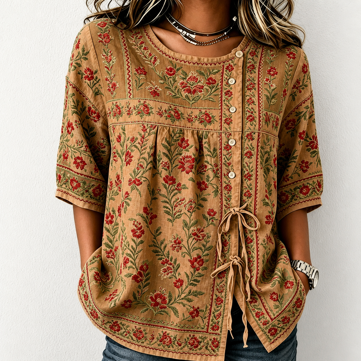 Women's Boho Floral Tie-Front Blouse