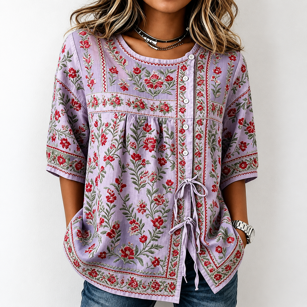 Women's Boho Floral Tie-Front Blouse