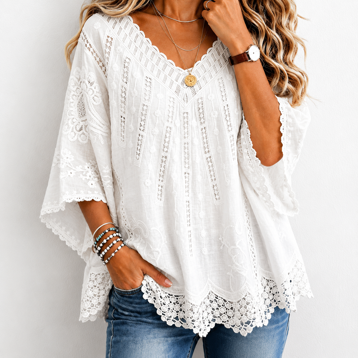 Women's Lavender Embroidered Lace V-NeckBlouse