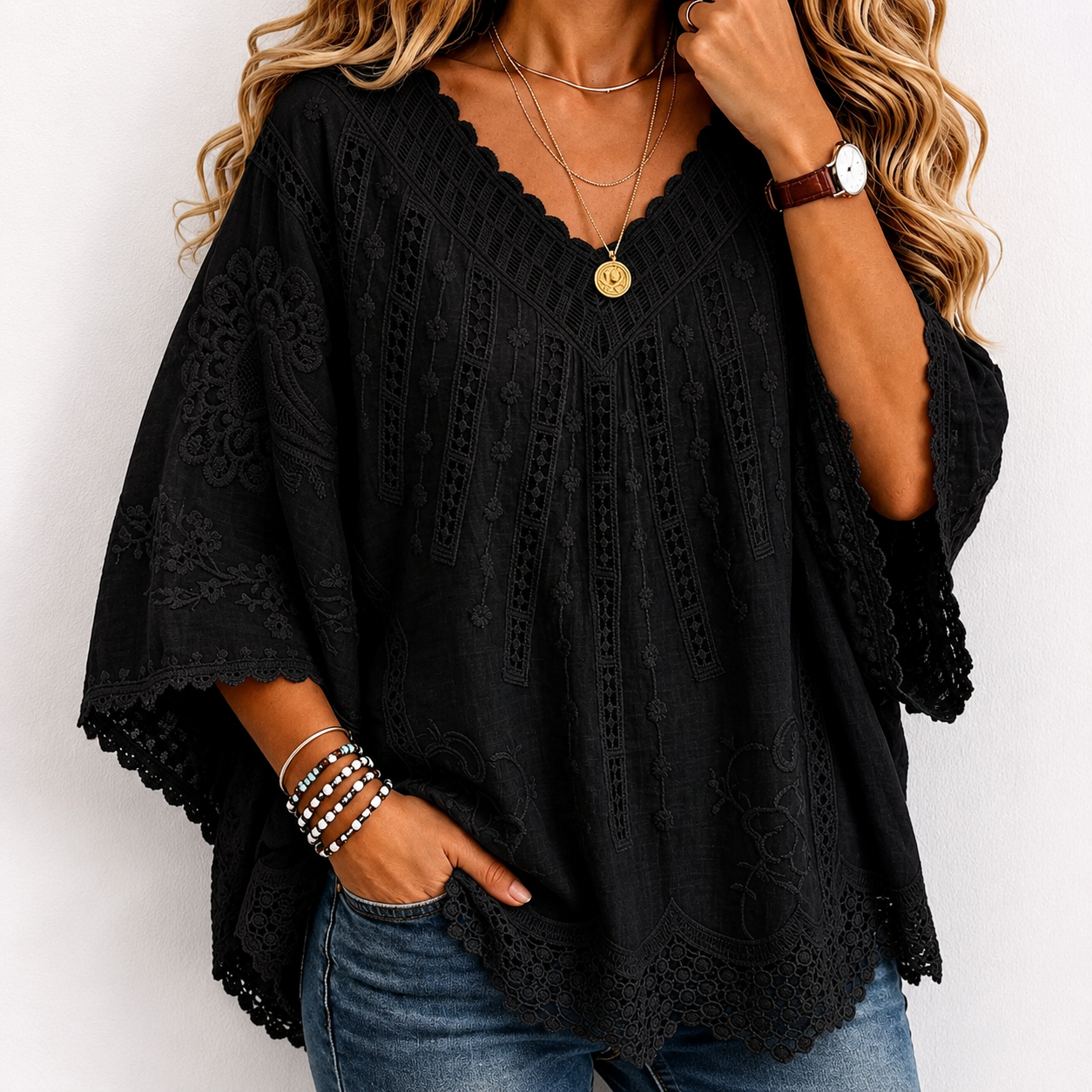 Women's Lavender Embroidered Lace V-NeckBlouse