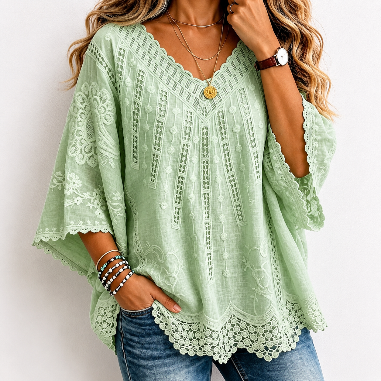 Women's Lavender Embroidered Lace V-NeckBlouse