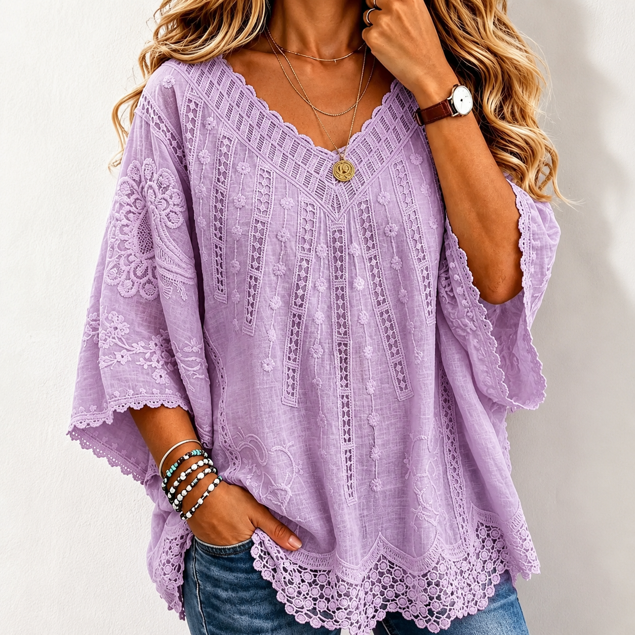 Women's Lavender Embroidered Lace V-NeckBlouse