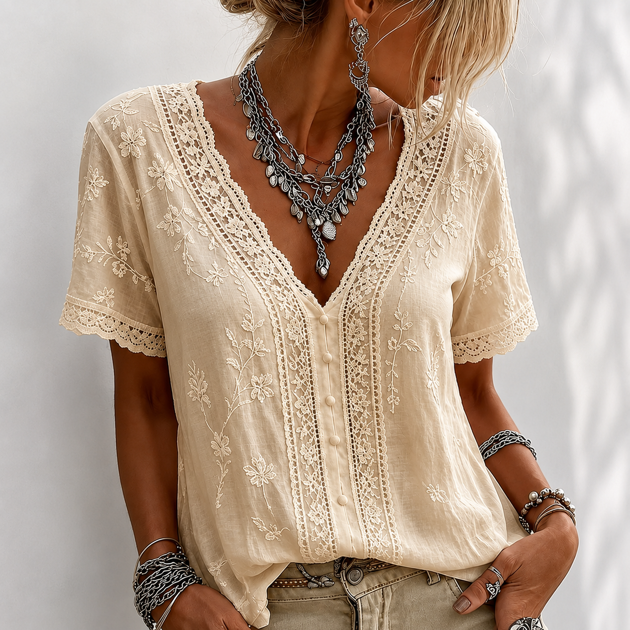Women’s White Embroidered Lace V-Neck Blouse
