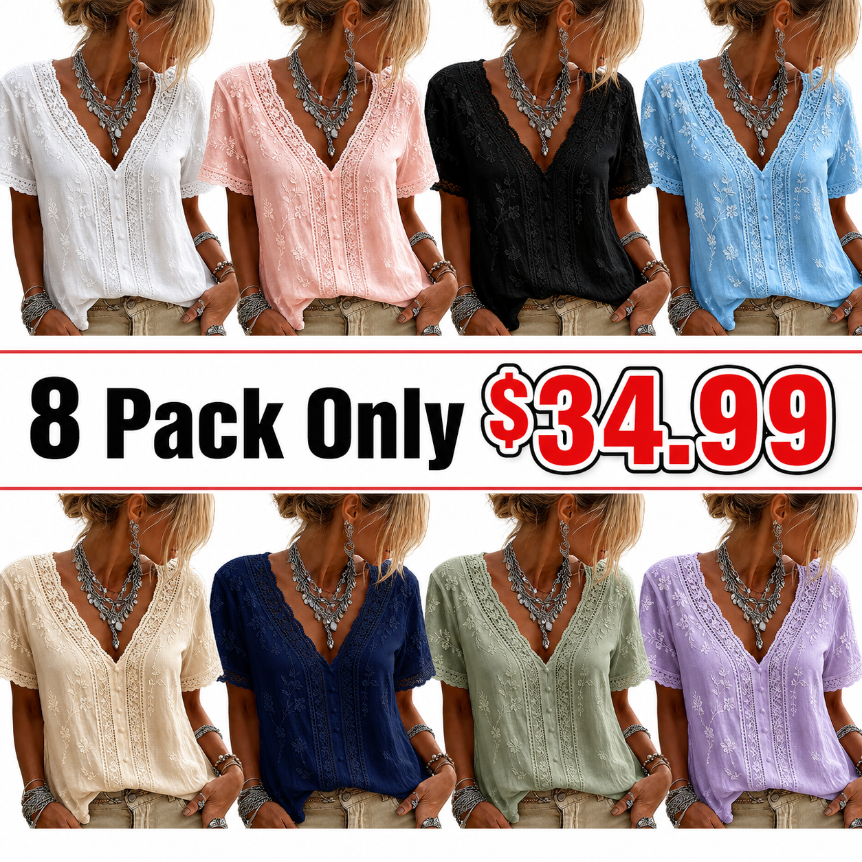 Women’s White Embroidered Lace V-Neck Blouse