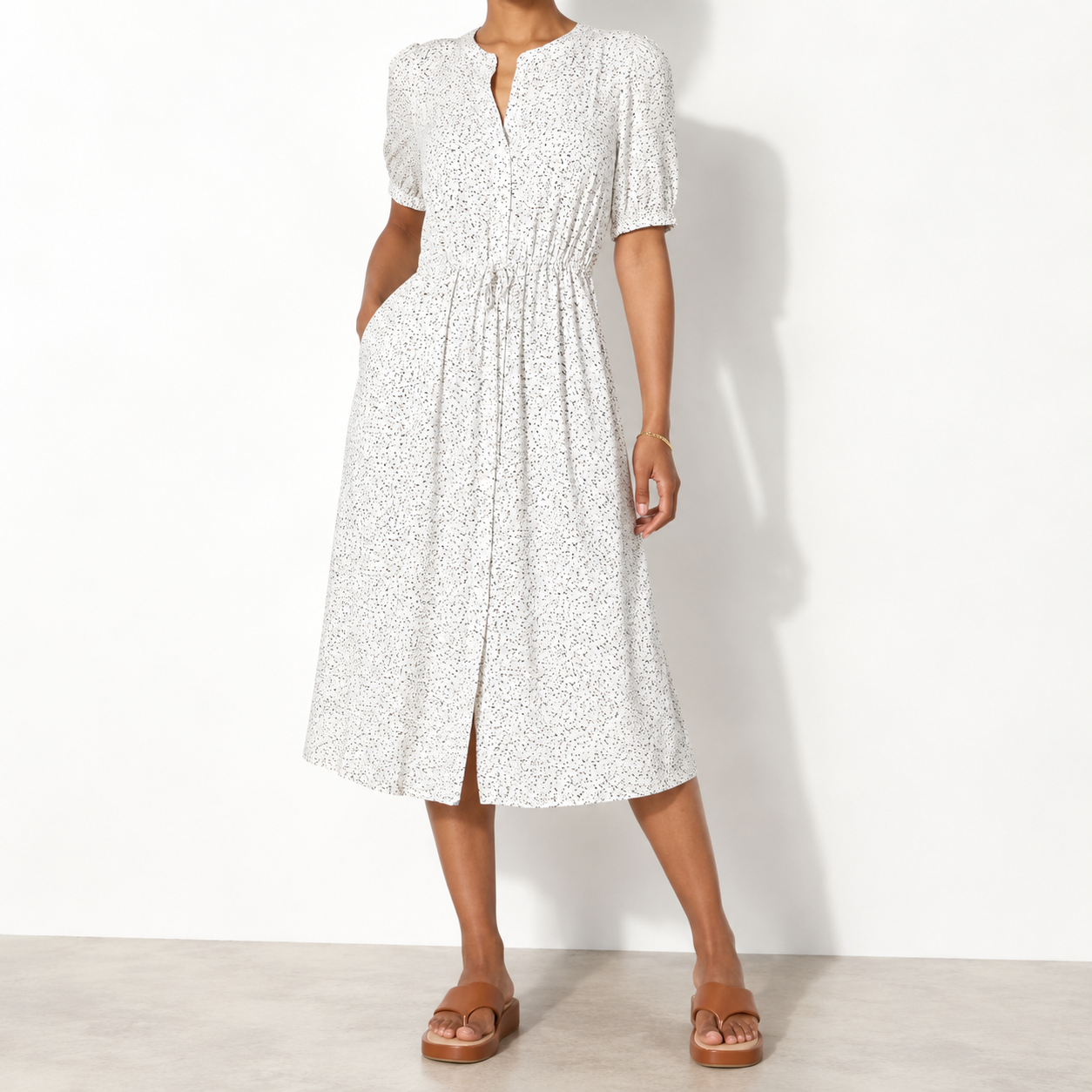 Women's Fit and Flare Half-Sleeve Waisted Midi A-Line Dress with Pockets