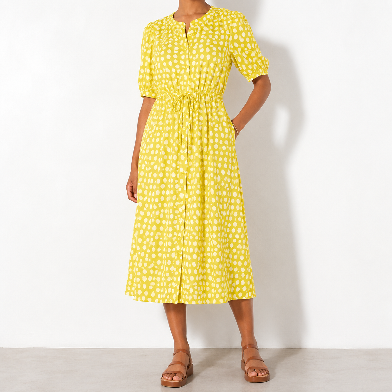 Women's Fit and Flare Half-Sleeve Waisted Midi A-Line Dress with Pockets