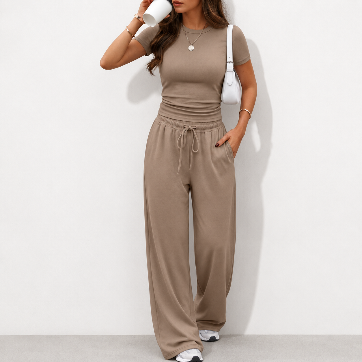 Trendy Queen 2 Piece Matching Summer Lounge Set Womens Side Ruching Top Wide Leg Pants Sets with Pockets