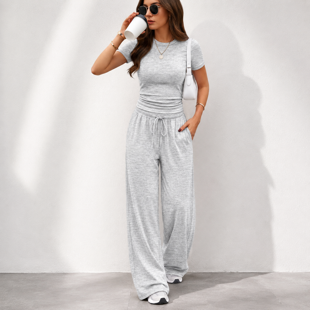 Trendy Queen 2 Piece Matching Summer Lounge Set Womens Side Ruching Top Wide Leg Pants Sets with Pockets