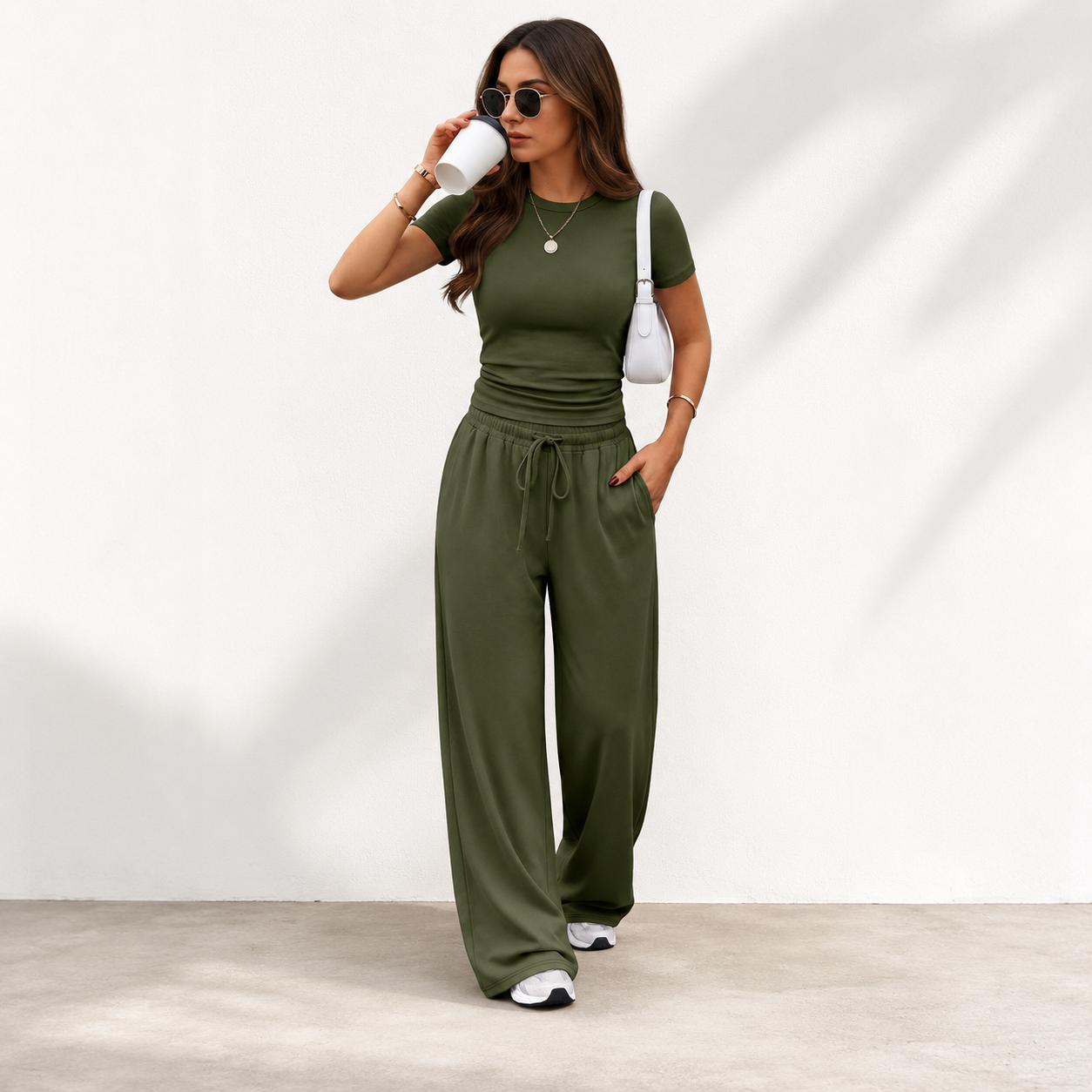 Trendy Queen 2 Piece Matching Summer Lounge Set Womens Side Ruching Top Wide Leg Pants Sets with Pockets