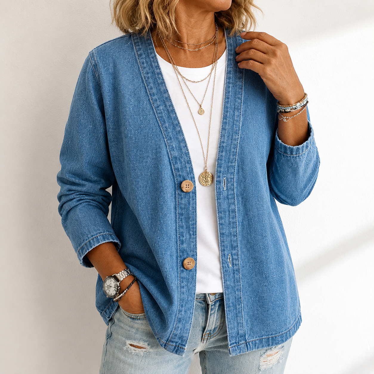 🧥 50% OFF NOW! ✨ Women's Classic Button Front Denim Jacket – V-Neck, Breathable Fabric & Relaxed Fit 💙