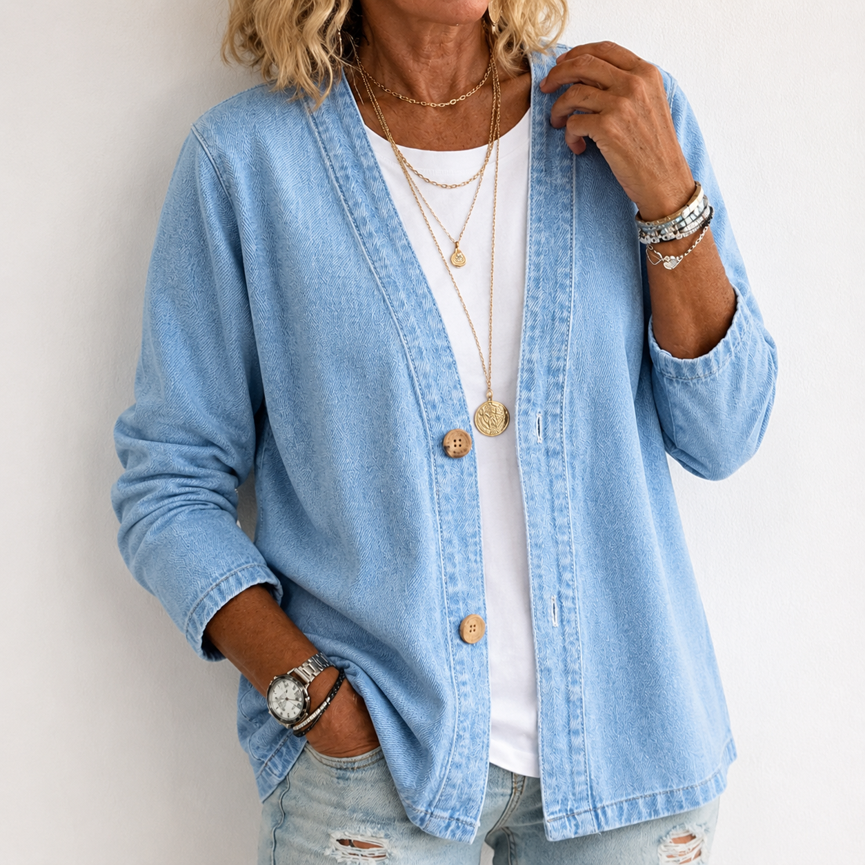 🧥 50% OFF NOW! ✨ Women's Classic Button Front Denim Jacket – V-Neck, Breathable Fabric & Relaxed Fit 💙