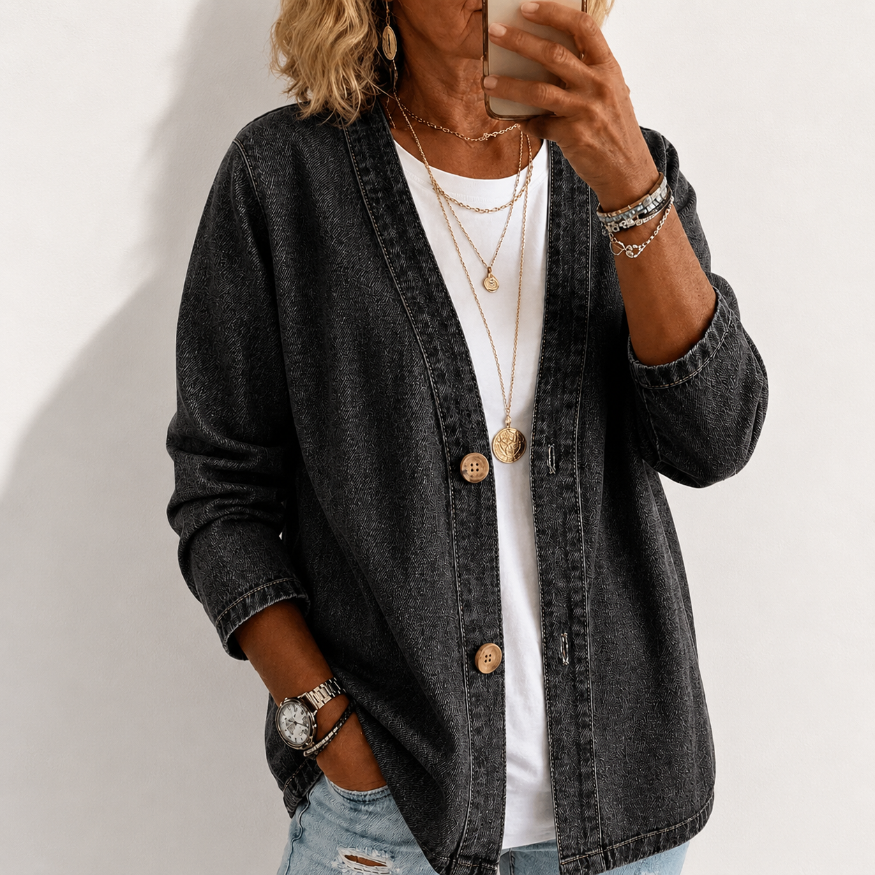 🧥 50% OFF NOW! ✨ Women's Classic Button Front Denim Jacket – V-Neck, Breathable Fabric & Relaxed Fit 💙