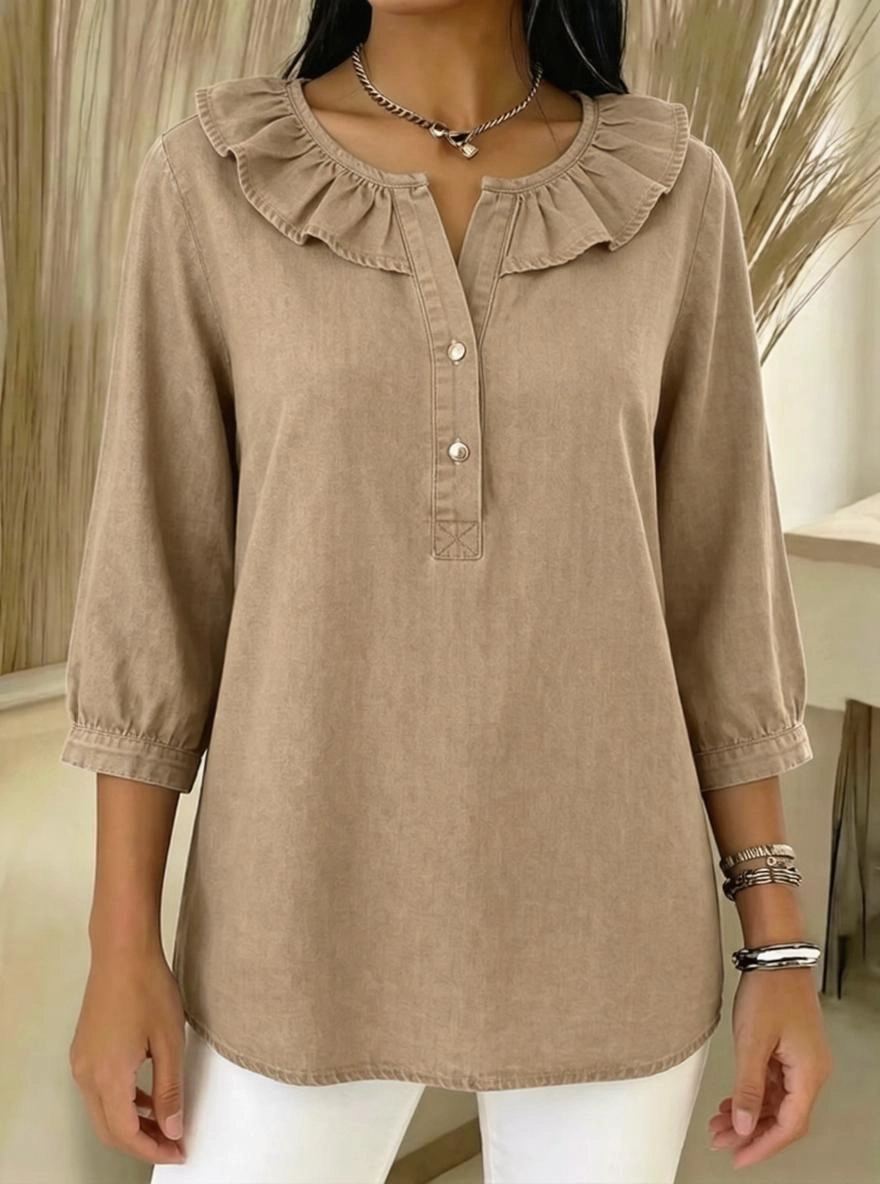 Casual Denim Blouse with Ruffled Henry Collar