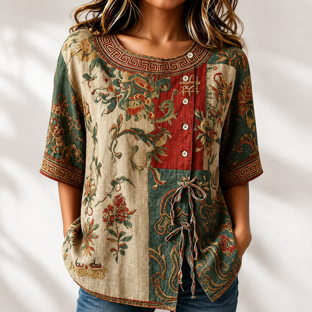 Women'S Vintage Floral Patchwork Relaxed Blouse