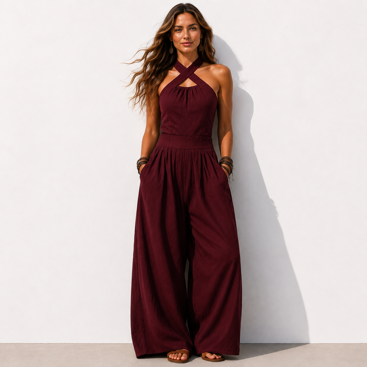 Women's Cross-neck Halter Design Cotton-linen Jumpsuit