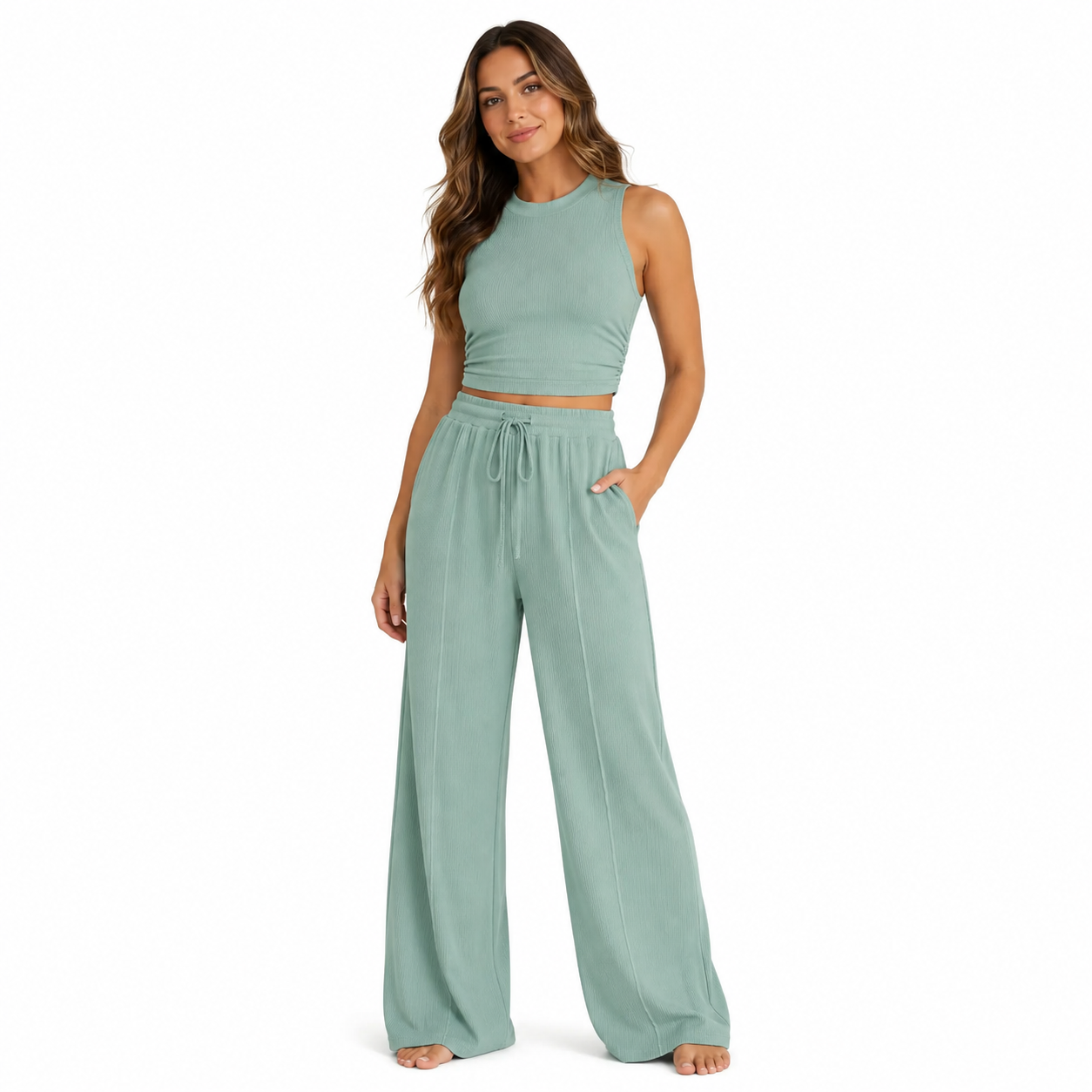 Women's Summer 2-Piece Outfits - Ribbed Knit Crew Neck Sleeveless Cropped Top & Wide Leg Pants Lounge Set