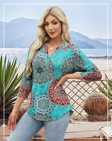 WIHOLL 3/4 Sleeve Tops Summer Outfits for Women Breathable Lightweight Blouses Air Conditioner Friendly Loose Fit Beach Vacation Girls Adjustable