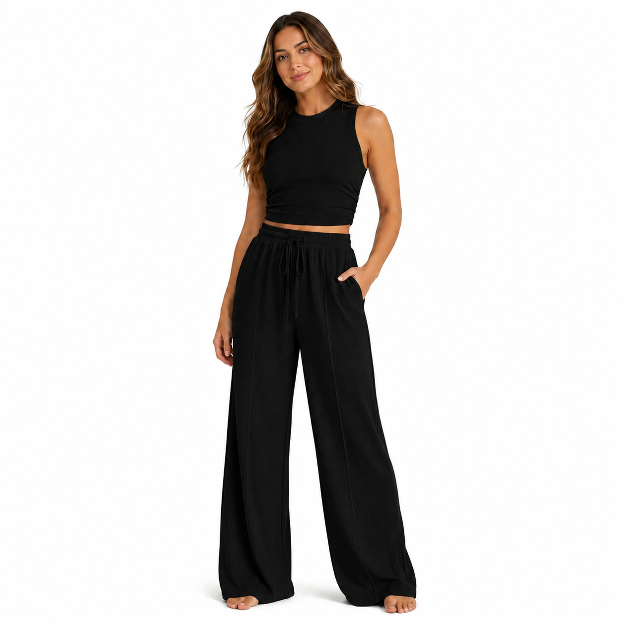 Women's Summer 2-Piece Outfits - Ribbed Knit Crew Neck Sleeveless Cropped Top & Wide Leg Pants Lounge Set