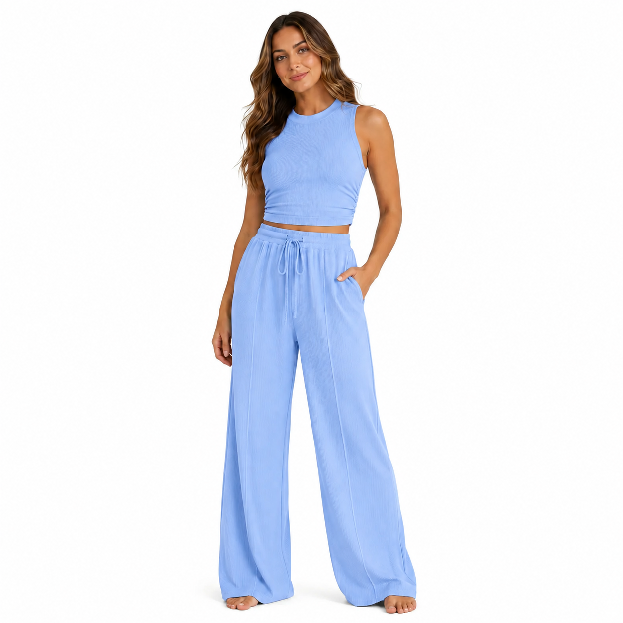 Women's Summer 2-Piece Outfits - Ribbed Knit Crew Neck Sleeveless Cropped Top & Wide Leg Pants Lounge Set