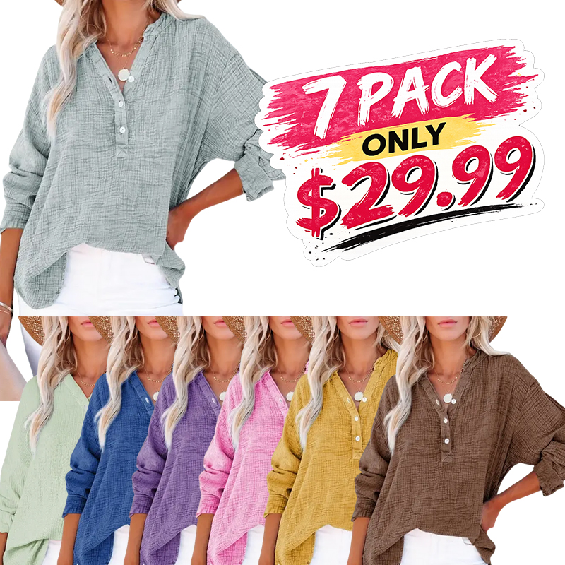 Dokotoo Women's Casual Button V Neck Long Sleeve Shirts Oversized Solid Blouses Tops 100% Cotton Boyfriend Style Loose Fit