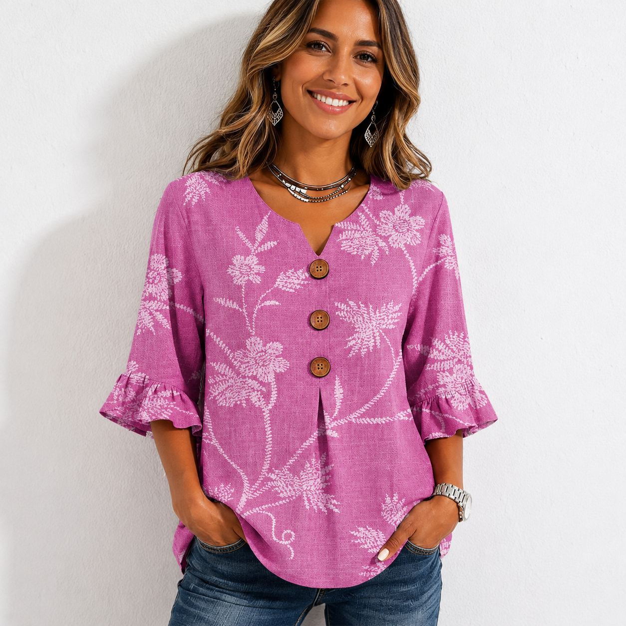 Boho Floral Print Button V-neck Blouse With Ruffle Sleeves
