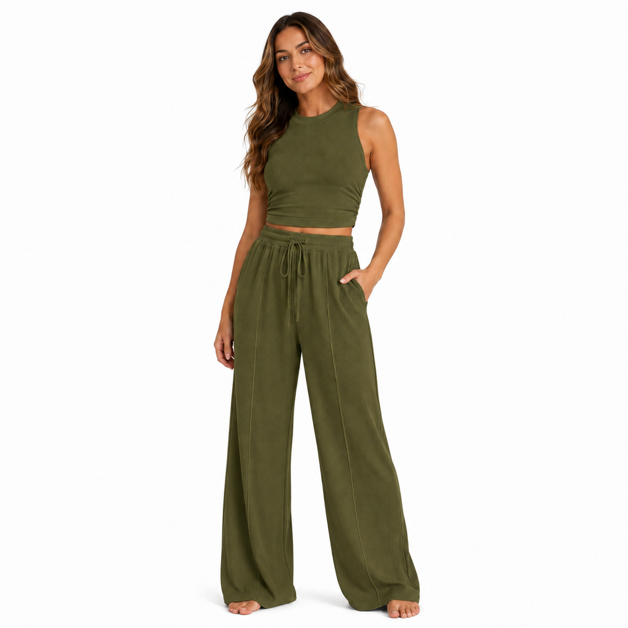 Women's Summer 2-Piece Outfits - Ribbed Knit Crew Neck Sleeveless Cropped Top & Wide Leg Pants Lounge Set