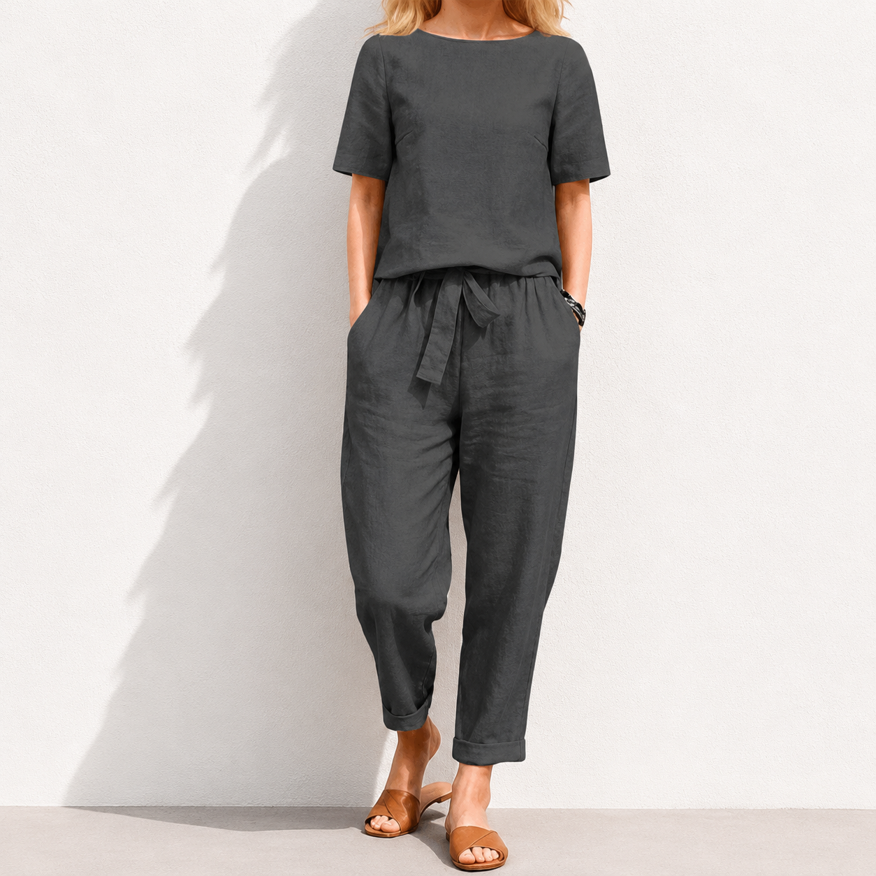 women's cotton and linen set half sleeve + wide leg pants