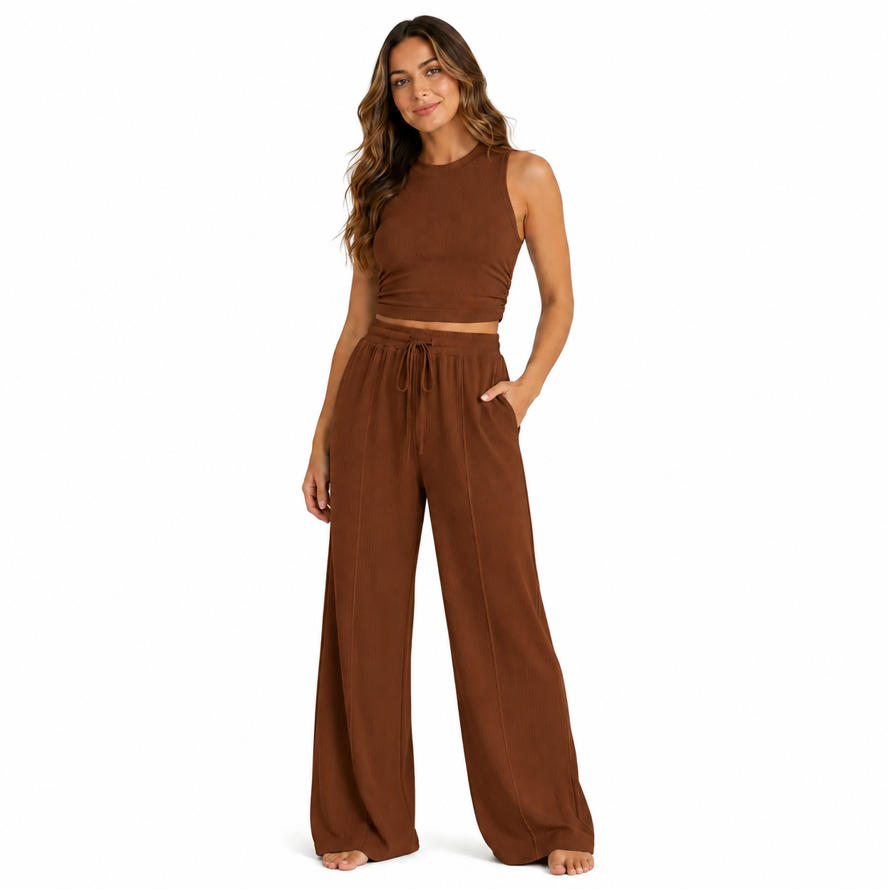 Women's Summer 2-Piece Outfits - Ribbed Knit Crew Neck Sleeveless Cropped Top & Wide Leg Pants Lounge Set