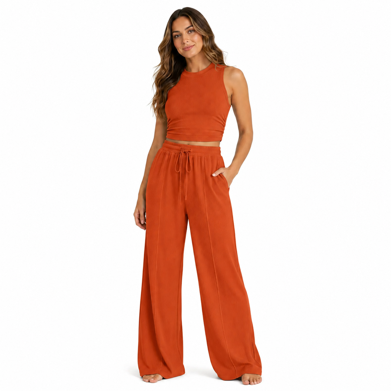 Women's Summer 2-Piece Outfits - Ribbed Knit Crew Neck Sleeveless Cropped Top & Wide Leg Pants Lounge Set