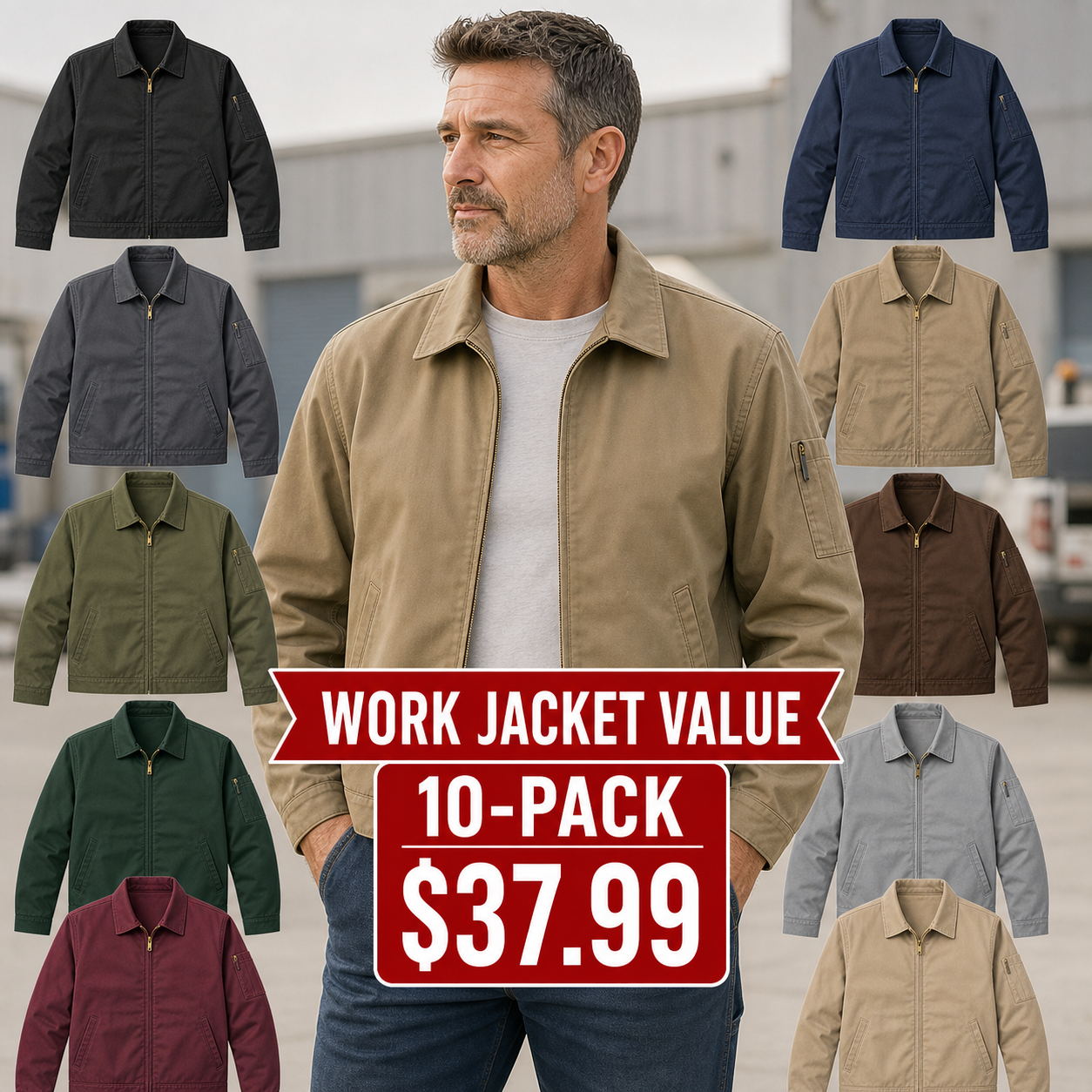 10-Pack - All 10 Colors - Men's Lightweight Zip-Front Work Jackets