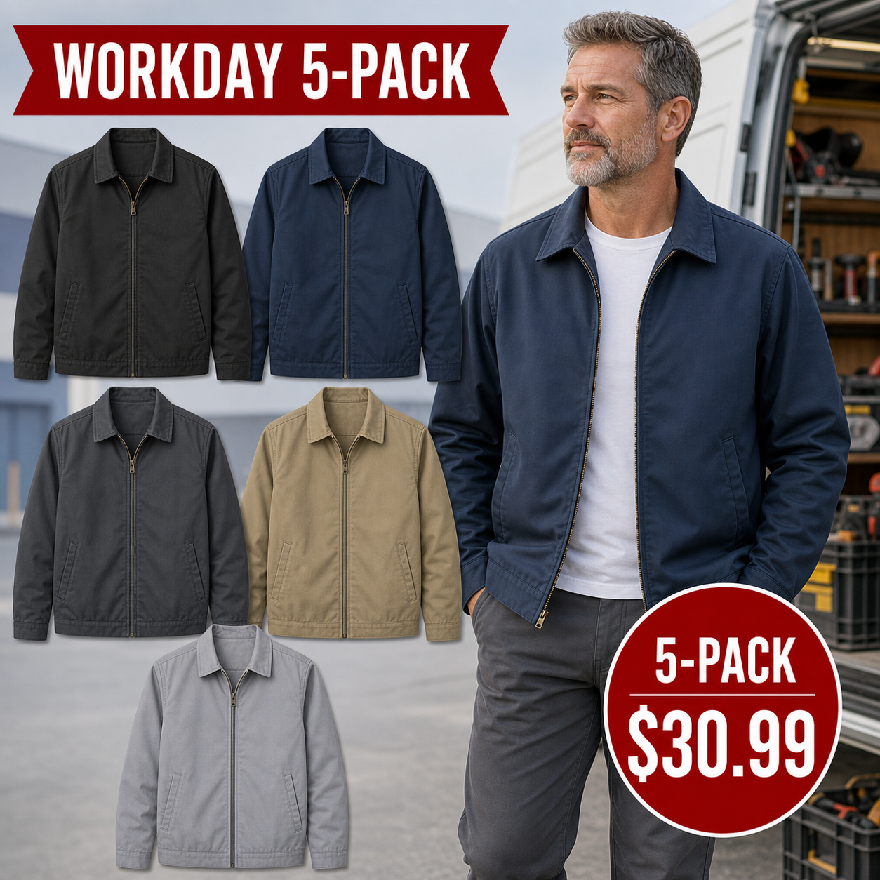 Workday 5-Pack - Men's Lightweight Zip-Front Work Jackets
