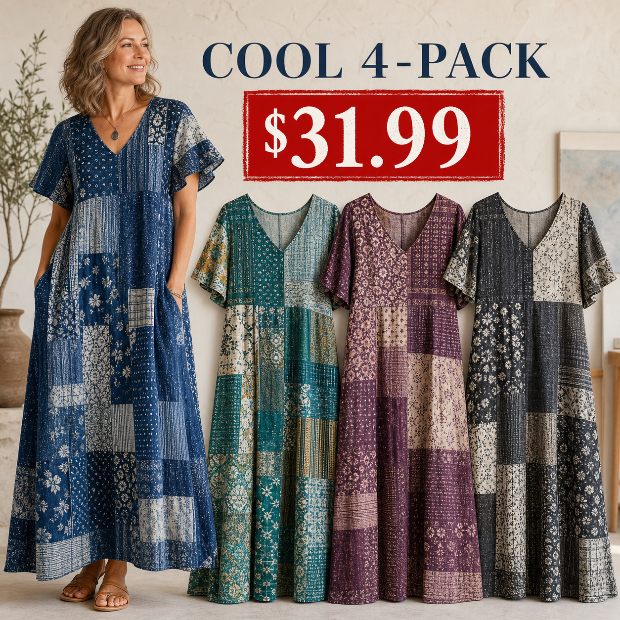 Women's Vintage Patchwork Cotton-Linen Long Dress