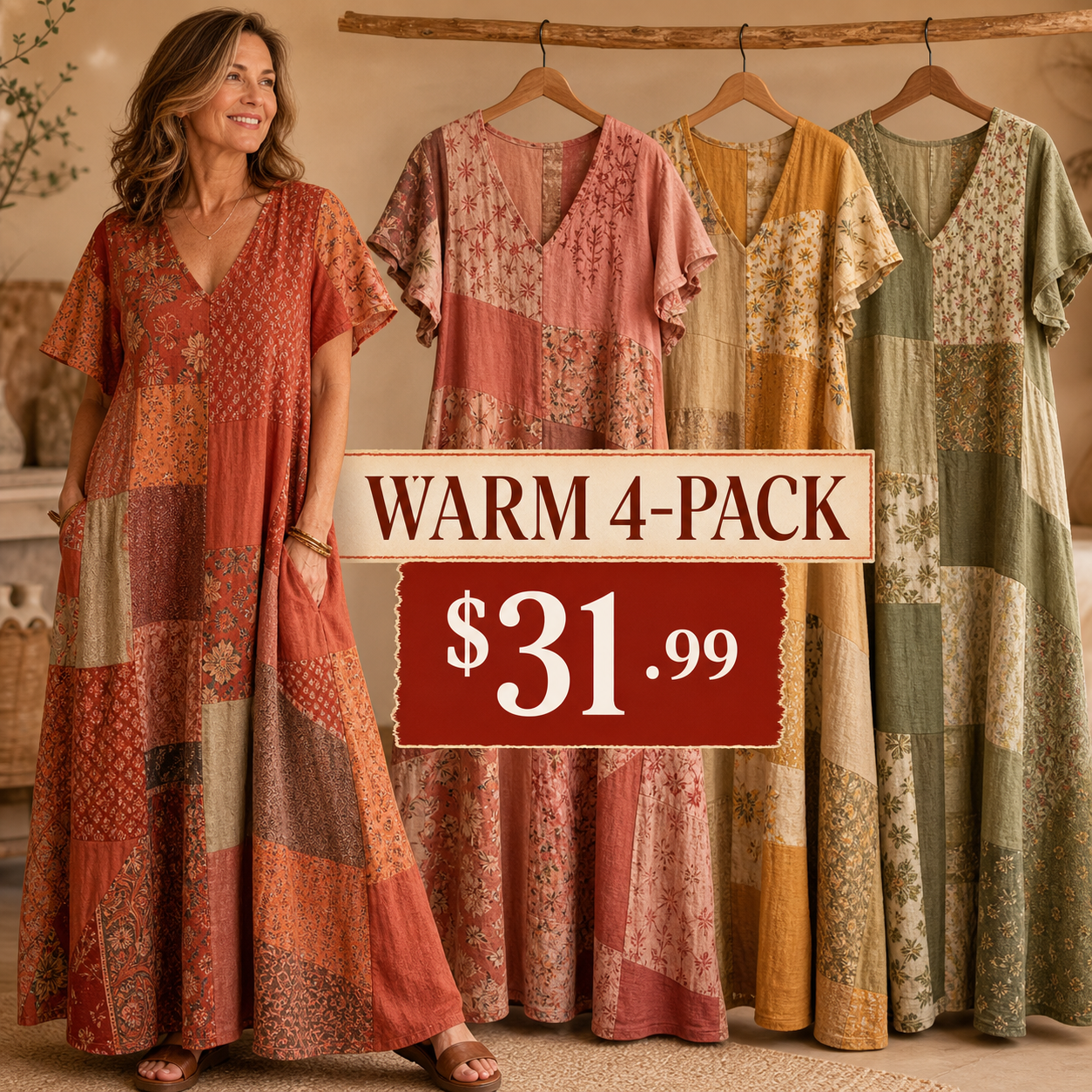 Women's Vintage Patchwork Cotton-Linen Long Dress