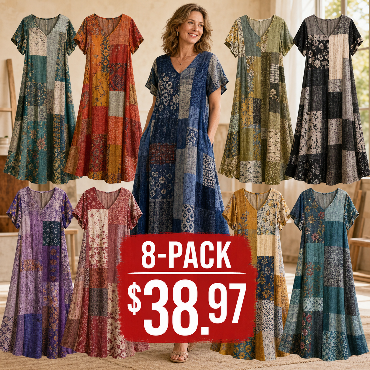 Women's Vintage Patchwork Cotton-Linen Long Dress