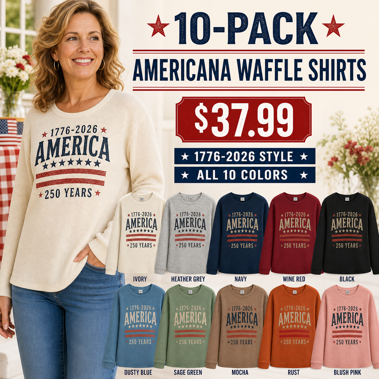 Women's Americana Waffle Knit Long Sleeve Graphic Shirts