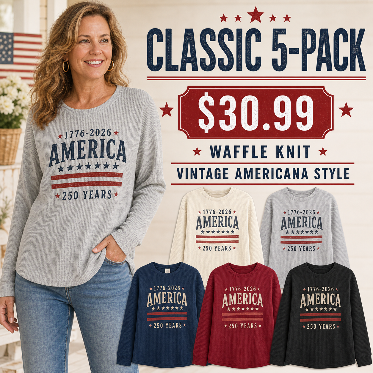 Women's Americana Waffle Knit Long Sleeve Graphic Shirts
